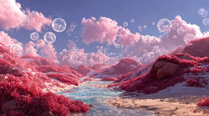 Surreal and Dreamlike Pink Landscape with Floating Bubbles