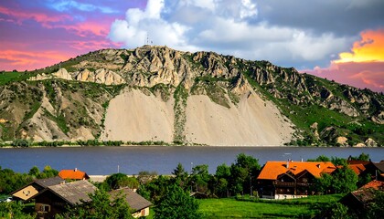 Mountain overlooking a river valley at sunset