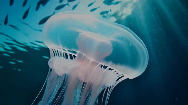 Ocean Predator: The Box Jellyfish in Deep Blue.
A captivating 6-second, 4K video featuring a box jellyfish (Chironex fleckeri) gracefully floating in the deep, crystal-clear ocean waters. Natural ligh