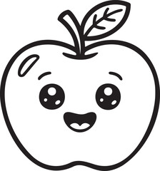 Cute cartoon apple with happy face line art illustration