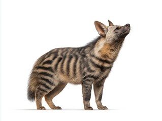 Striped animal with a slender body and pointed ears is standing gracefully, showcasing its unique fur pattern and inquisitive expression against a clean white background