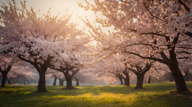 Parque de cerezos en flor iluminado por la luz c&aacute;lida de primavera