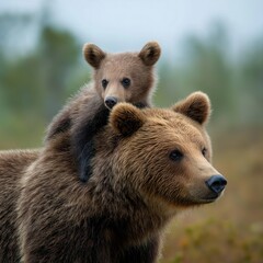 Obraz premium Brown bear with cub resting on its back in a serene natural environment, showcasing the bond between mother and offspring in a tranquil wilderness setting
