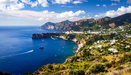 Obraz premium A breathtaking coastal vista showcasing a picturesque Mediterranean town nestled amongst lush hillsides and a serene blue sea.