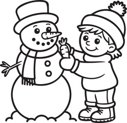 Cartoon Child Giving Carrot to Snowman Line Art Coloring Page