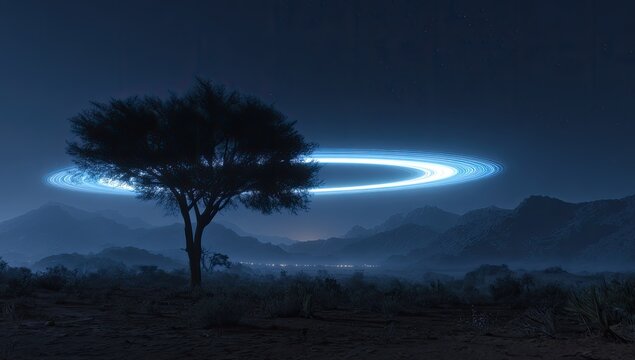 Silhouetted tree, ethereal ring, night landscape