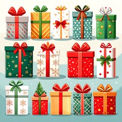 Festive gift boxes in various patterns and colors, arranged in a collection, perfect for holiday design elements.