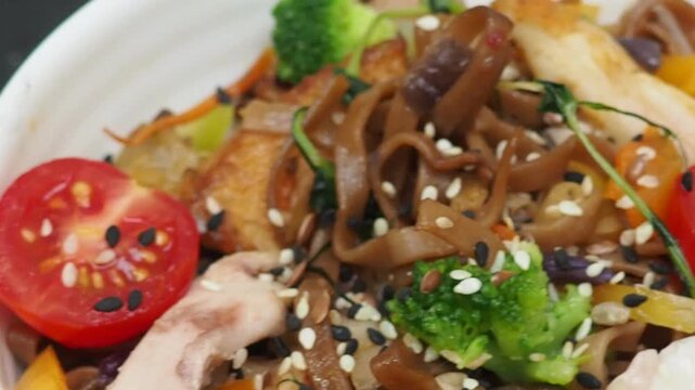 Schezwan Noodles or Vegetable Hakka Noodles or Chow Mein in white bowl. Schezwan Noodles is indo chinese cuisine hot dish with udon noodles, vegetables and chilli sauce with meat, Japanese food