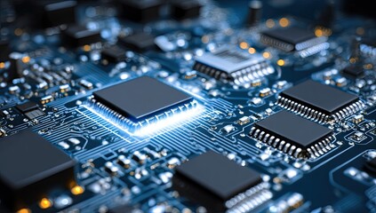 Close-up view of a complex circuit board, highlighting a central processor chip with a bright blue glow.