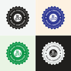 Set of four starburstshaped halal certified labels in various colors, showcasing arabic script and english text, on subtle backgrounds