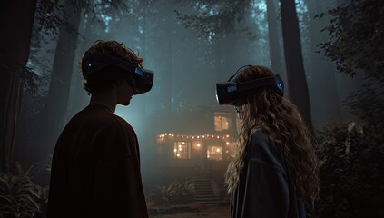 VR experience, two people, misty forest, cozy cabin