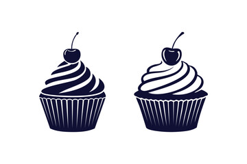 cupcake with frosting and cherry on top outline clip art silhouette vector illustration on white background