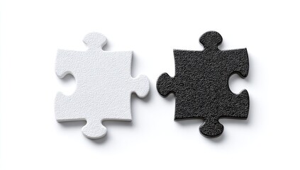 Fototapeta premium Two puzzle pieces, one white, one black, positioned side-by-side against a plain white background