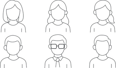 Minimalist line art avatar icons of men and women, outline style profile illustrations