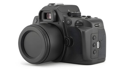 Fototapeta premium Modern Camera: A contemporary digital camera stands in sharp focus, its sleek black design conveying the essence of modern photography and technological sophistication.