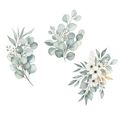 Naklejka premium Eucalyptus and white floral elements isolated on transparent background