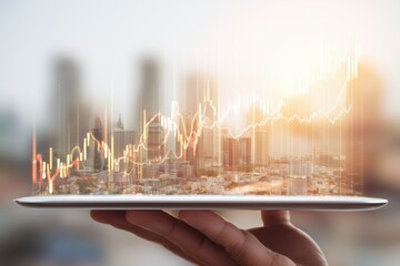 Hand holding a tablet with a city skyline overlay, featuring glowing financial graphs and charts representing urban growth, technology, and economic progress