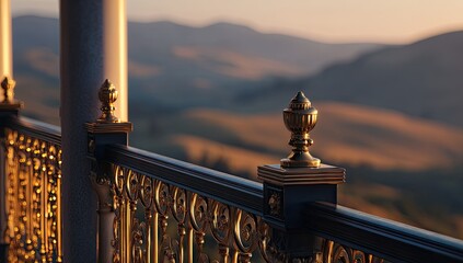 Ornate balcony railing against a golden sunset view