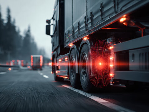 Futuristic autonomous truck with digital sensors and laser targeting on the highway