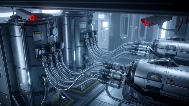 Specialized connector hoses linking xenon storage units to satellite tanks inside a classified fueling bay under constant surveillance.