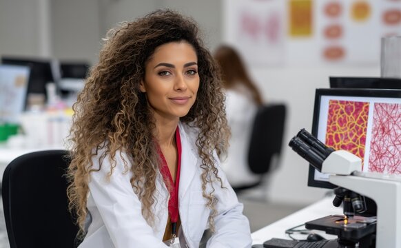 Female scientist with curly hair working in a lab, examining samples with a microscope and analyzing images on a computer screen in a professional research environment - Powered by Adobe