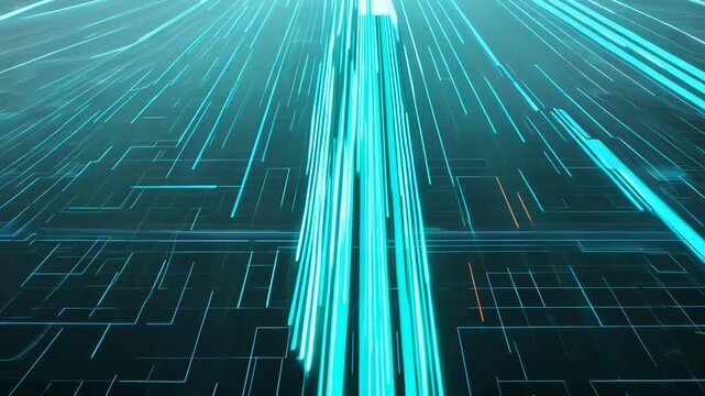 Glowing teal lines create a dynamic digital network. Data streams flow across a futuristic circuit board.