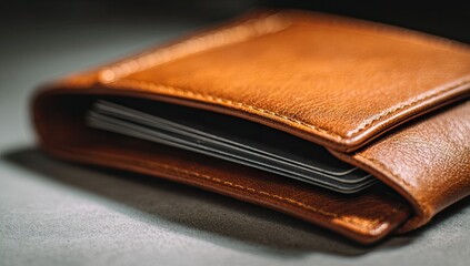 Close-up of a tan leather wallet with credit cards