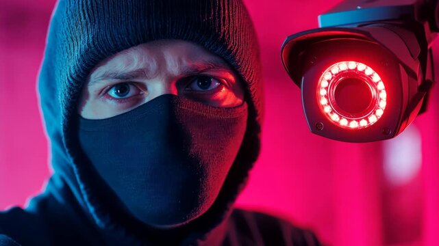 Intruder caught on camera: masked figure interacting with infrared security device