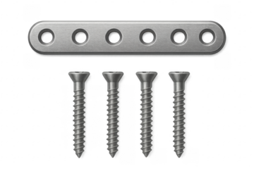 Metal bone plate and screws fixing broken bone on transparent background