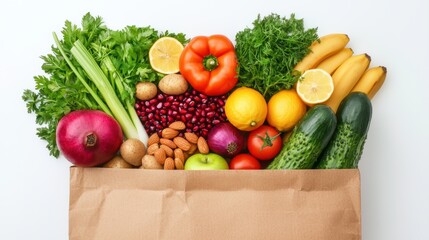 A vibrant assortment of fresh fruits and vegetables, including bananas, peppers, and greens, arranged in a brown paper bag, promoting healthy eating.