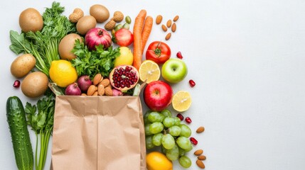 A vibrant assortment of fresh fruits and vegetables spilling from a paper bag, showcasing healthy eating and colorful produce.