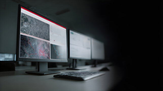 Computer monitor displaying a city map with routes and data. Control room surveillance setup for urban planning or logistics.