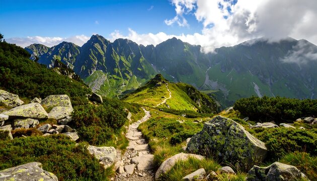 Mountain path under a vibrant sky