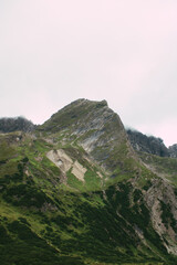 Gr&uuml;ne Almh&auml;nge und schroffe Gipfel unter tiefh&auml;ngenden Wolken in den Alpen