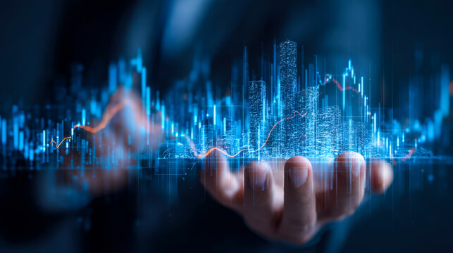 Futuristic data visualization with digital cityscape and fluctuating graphs