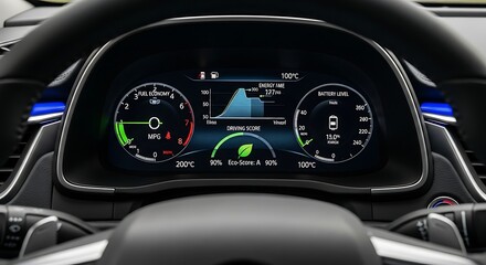 Car Dashboard Close-up: A high-tech, illuminated car dashboard showcasing real-time data and sleek design