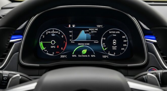 Car Dashboard Close-up: A high-tech, illuminated car dashboard showcasing real-time data and sleek design