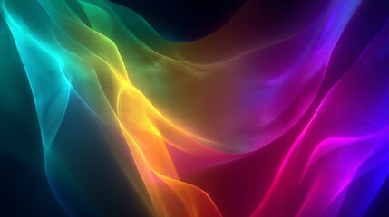 Fototapeta premium Abstract wavy lines in vibrant colors like green, yellow, orange, red, purple, blue, and pink flow across a dark canvas,
