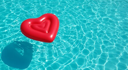 Love Floats: A vibrant, inflatable heart floats serenely on the surface of a glistening pool, conveying a sense of romance, relaxation, and the joys of summer.