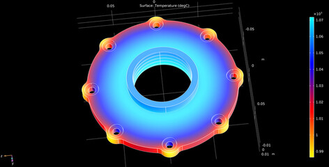 Metal cover, wheel drawing. Computer technic  3d modeling of steel mechanical part with hole and thread. Thermal cad analysis. Investigation of temperature distribution on surface of mechanical part. © TKalinovskaya