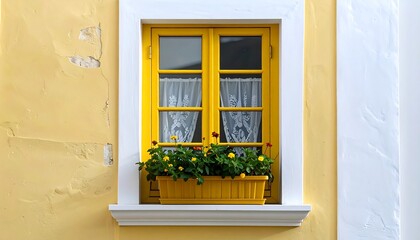 A bright yellow window with flowers