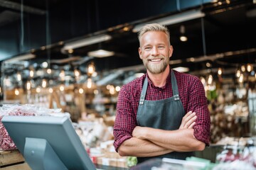 Male shopkeeper wearing an apron, standing with arms crossed behind a checkout counter in a busy store environment, ready to assist customers