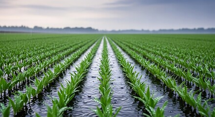 Obraz premium Fields of Promise: Symmetrical rows of young, vibrant crops stretch towards the horizon, conveying the promise of a bountiful harvest in this striking landscape. 