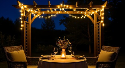 Romantic Dinner Setting: A cozy outdoor setting, featuring a wooden pergola adorned with fairy lights, sets the scene for an intimate evening.