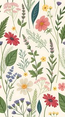 Fototapeta premium Wildflower meadow floral arrangement with diverse blossoms and green foliage on a pale background