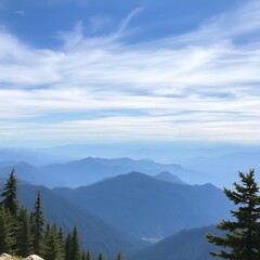 Fototapeta premium Layers of blue mountain ranges under a vast sky with wispy clouds mountains landscape