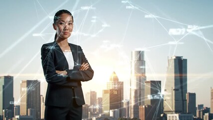 Confident businesswoman navigates financial data in dynamic cityscape for innovative business solutions - Powered by Adobe