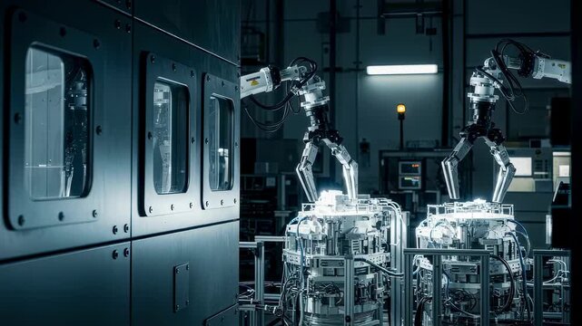 View of heavy shielding and remote manipulators focusing on tritium extraction processes from breeding blanket prototypes in a hot cell.