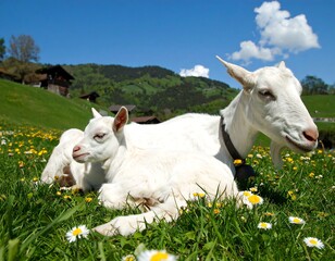 Obraz premium White goats resting in a meadow