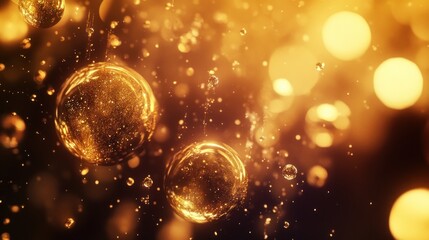 Golden orbs suspended in liquid, water droplets,  glowing bokeh background.  Visual presentation